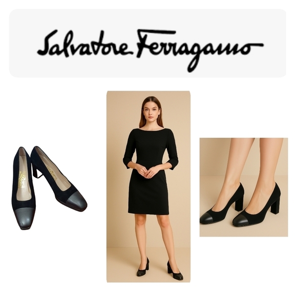 SALVATORE FERRAGAMO Heels Pumps Black Suede Leather Size 7.5 A - Picture 1 of 13